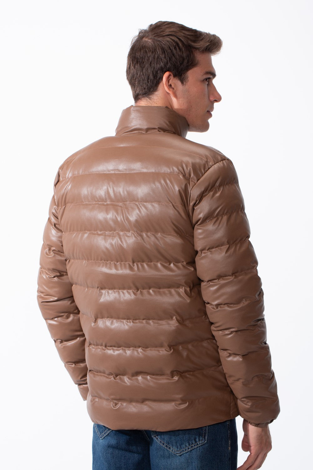 Men's High Stand-Up Collar Detailed With Contrasting Black Full Length Zipper Elasticated Cuffs Two Side Entry Pockets Puffer Jacket