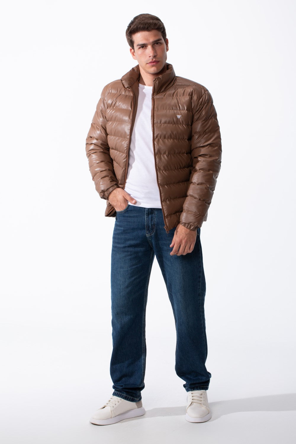 Men's High Stand-Up Collar Detailed With Contrasting Black Full Length Zipper Elasticated Cuffs Two Side Entry Pockets Puffer Jacket