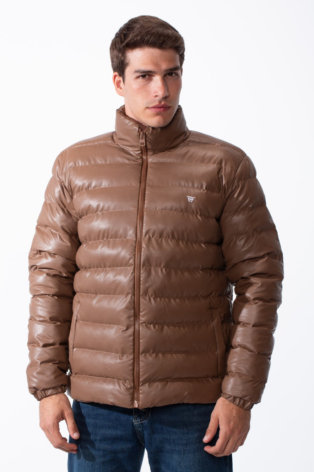 Men's High Stand-Up Collar Detailed With Contrasting Black Full Length Zipper Elasticated Cuffs Two Side Entry Pockets Puffer Jacket