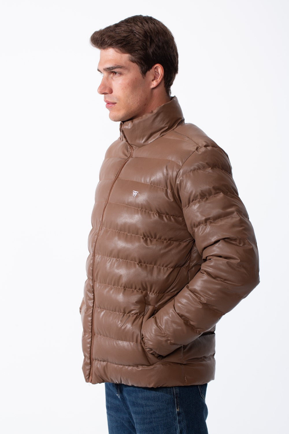 Men's High Stand-Up Collar Detailed With Contrasting Black Full Length Zipper Elasticated Cuffs Two Side Entry Pockets Puffer Jacket