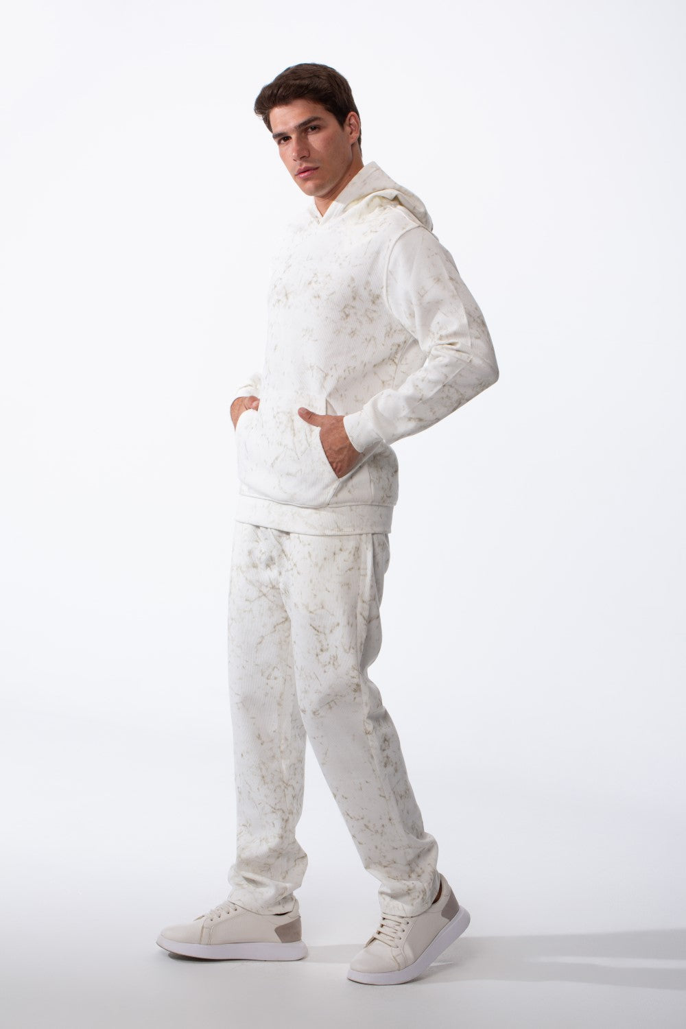 Men's Two-Piece Kangaroo Pockets With Unique All-over Marble Pattern Long Sleeves Cozy Comfy Melton Outfit Set