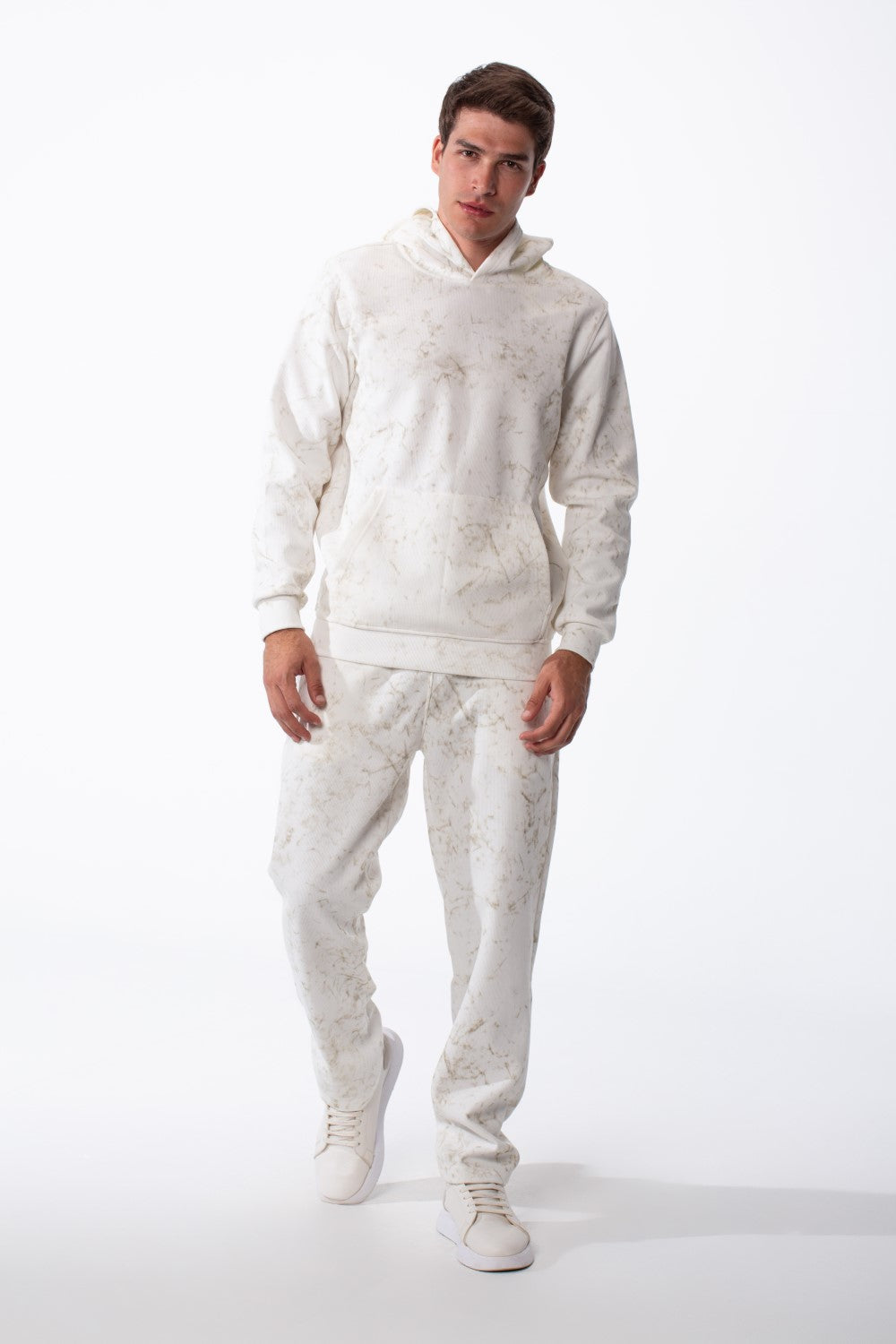 Men's Two-Piece Kangaroo Pockets With Unique All-over Marble Pattern Long Sleeves Cozy Comfy Melton Outfit Set