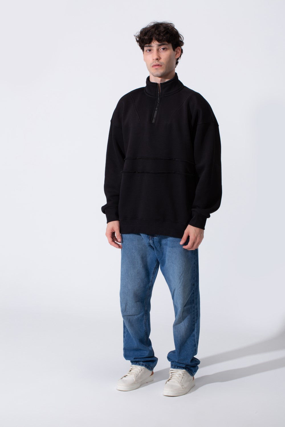 Men's Tomato Store Quarter-Zip Distressed Sweatshirt Panel Details Melton Oversized