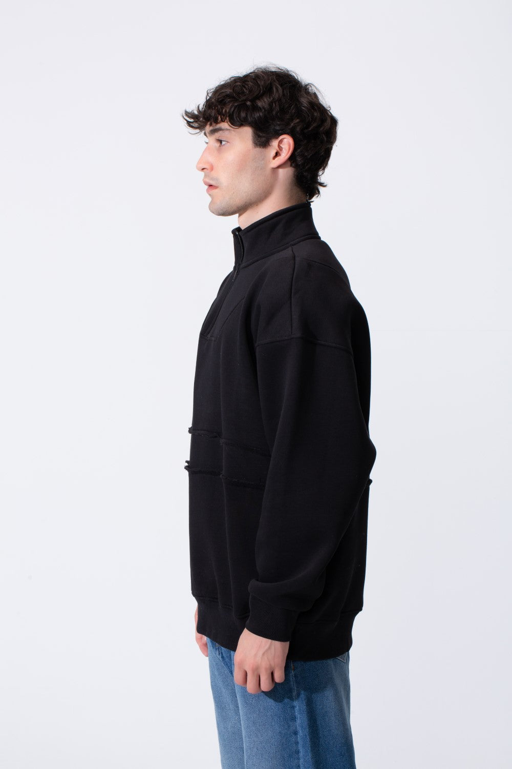 Men's Tomato Store Quarter-Zip Distressed Sweatshirt Panel Details Melton Oversized