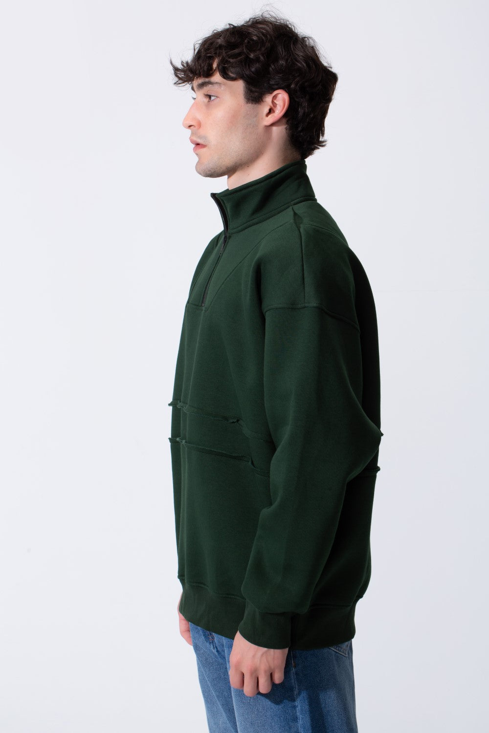 Men's Tomato Store Quarter-Zip Distressed Sweatshirt Panel Details Melton Oversized