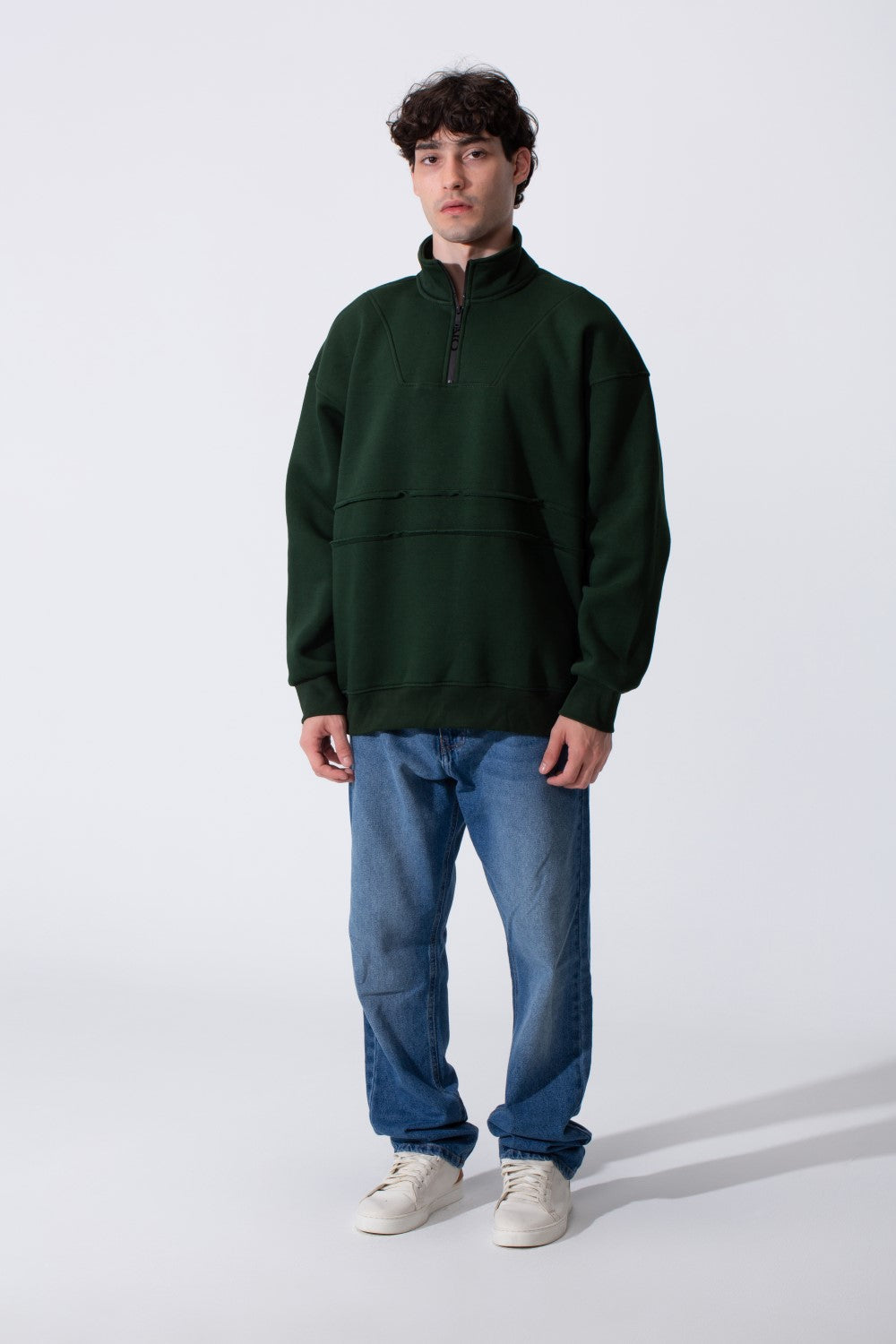 Men's Tomato Store Quarter-Zip Distressed Sweatshirt Panel Details Melton Oversized