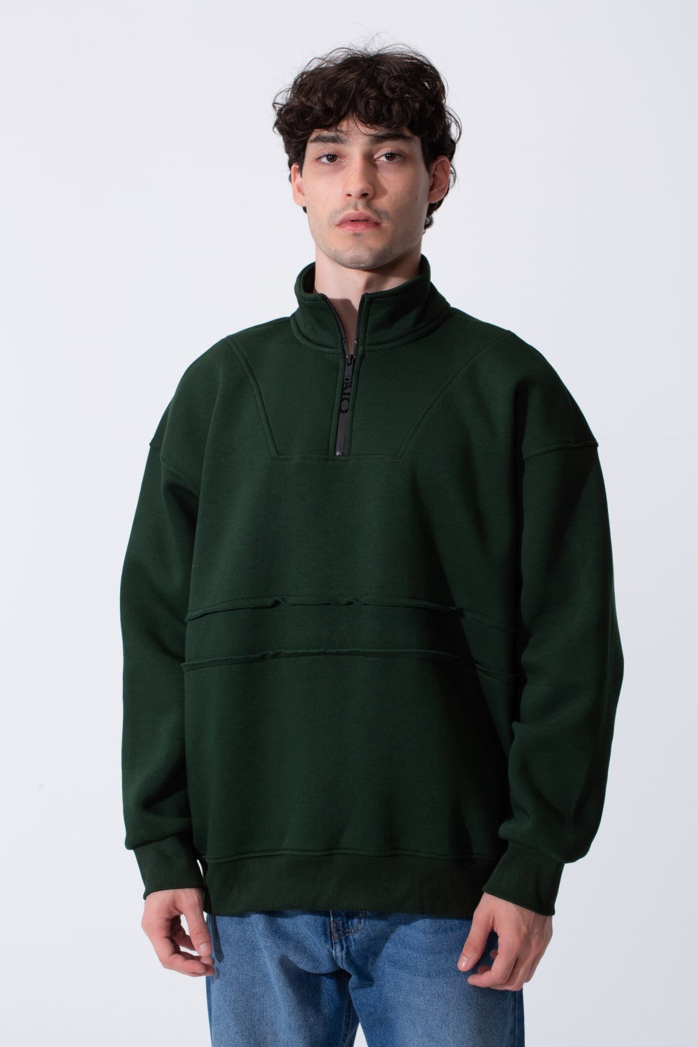 Men's Tomato Store Quarter-Zip Distressed Sweatshirt Panel Details Melton Oversized