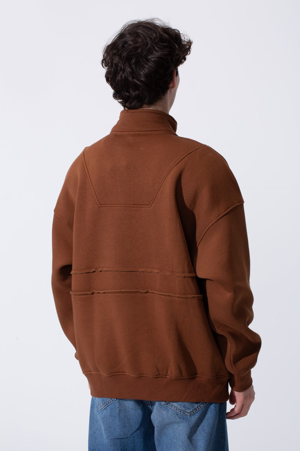 Men's Tomato Store Quarter-Zip Distressed Sweatshirt Panel Details Melton Oversized
