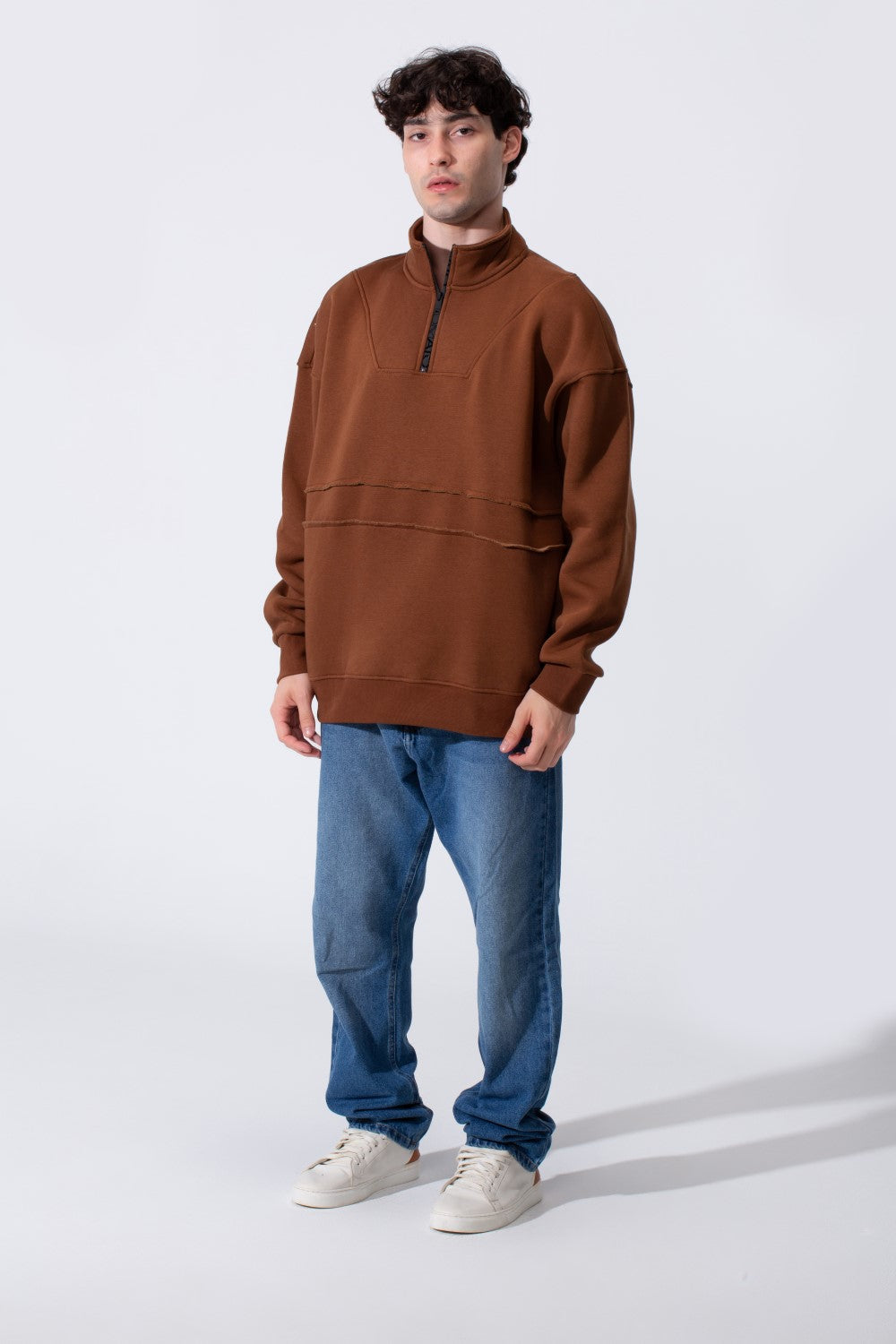 Men's Tomato Store Quarter-Zip Distressed Sweatshirt Panel Details Melton Oversized