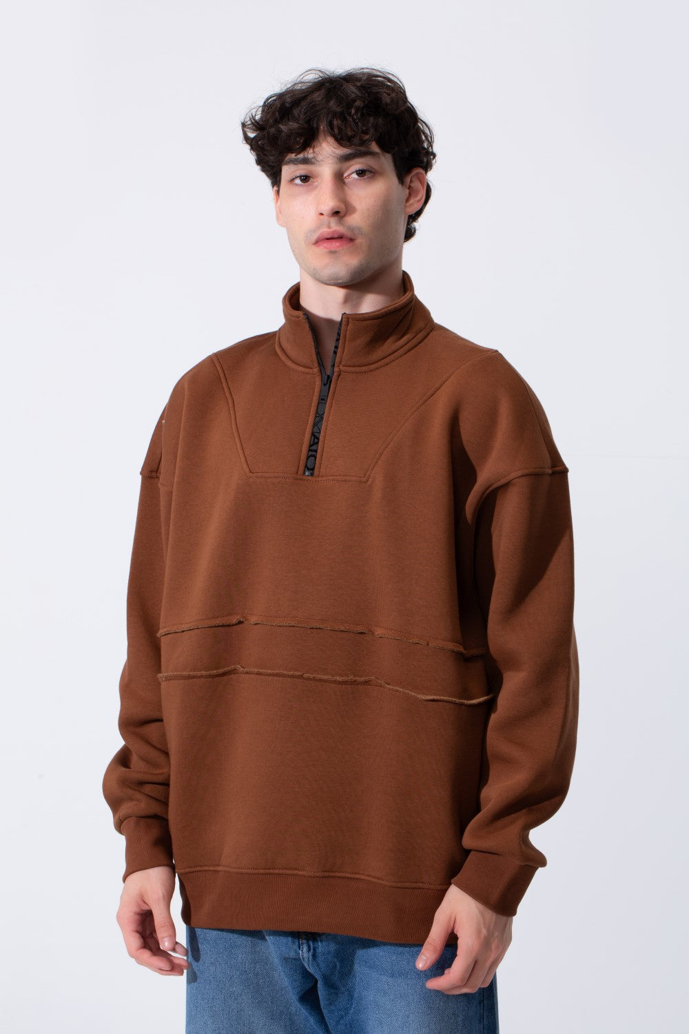 Men's Tomato Store Quarter-Zip Distressed Sweatshirt Panel Details Melton Oversized