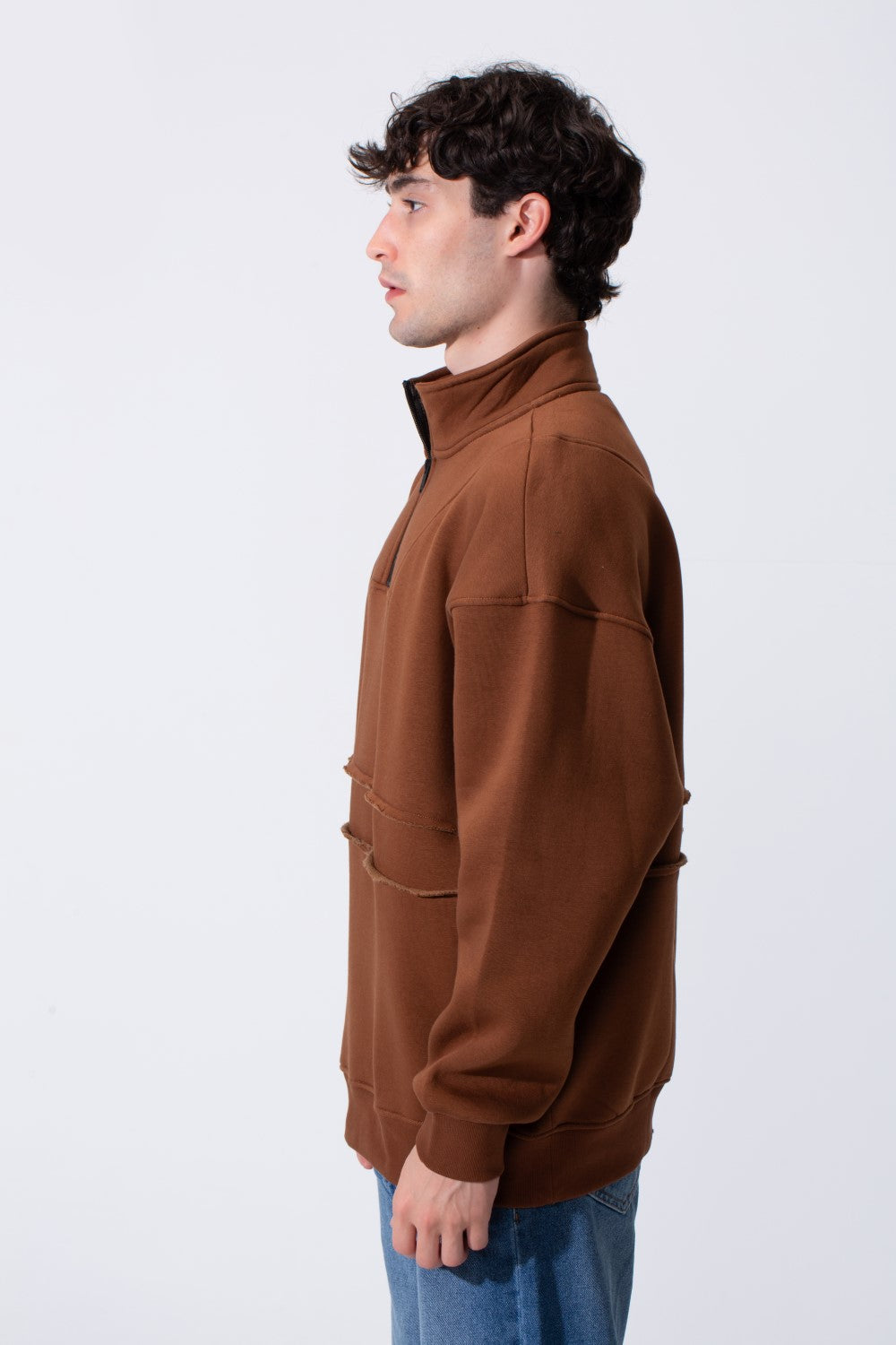 Men's Tomato Store Quarter-Zip Distressed Sweatshirt Panel Details Melton Oversized