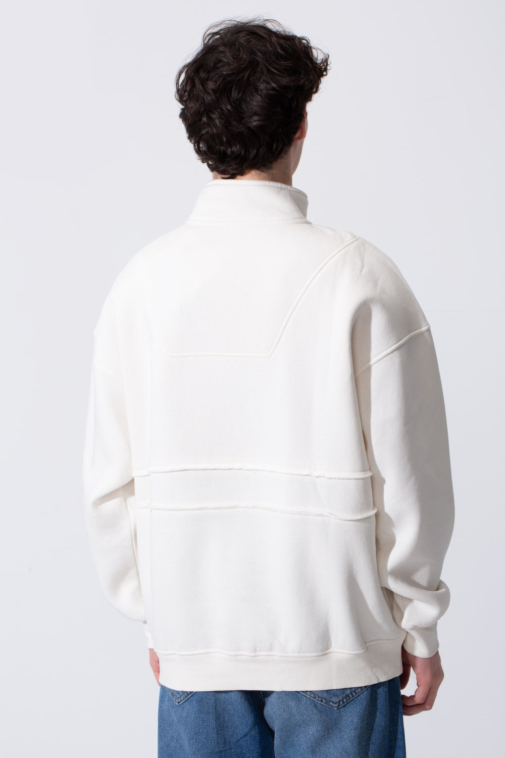 Men's Tomato Store Quarter-Zip Distressed Sweatshirt Panel Details Melton Oversized