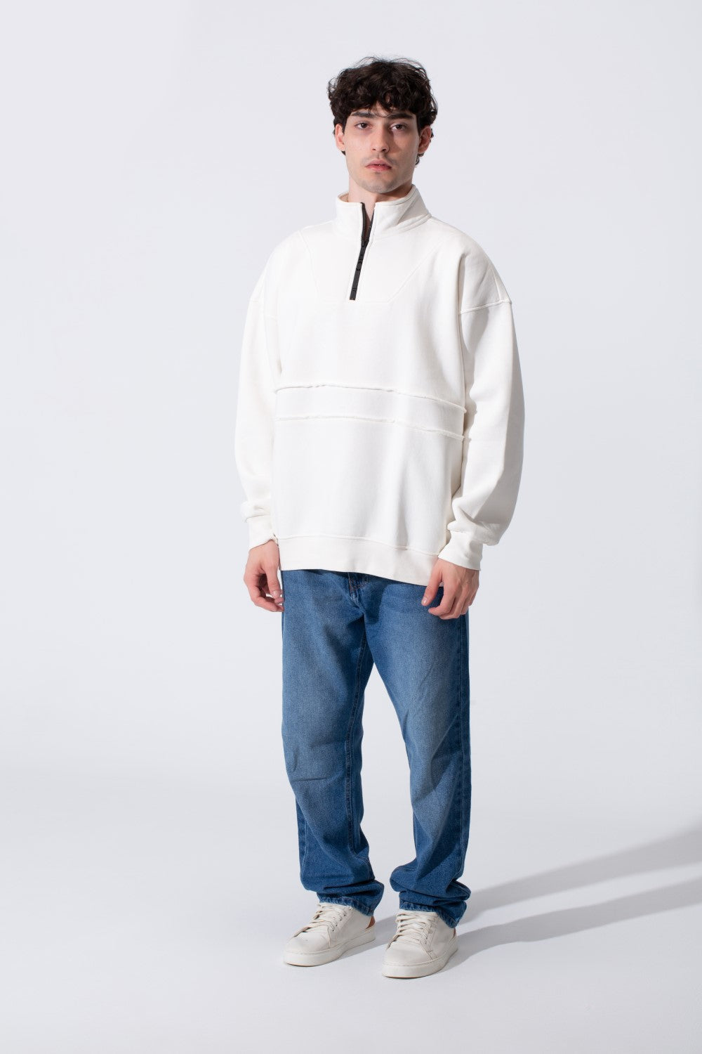 Men's Tomato Store Quarter-Zip Distressed Sweatshirt Panel Details Melton Oversized