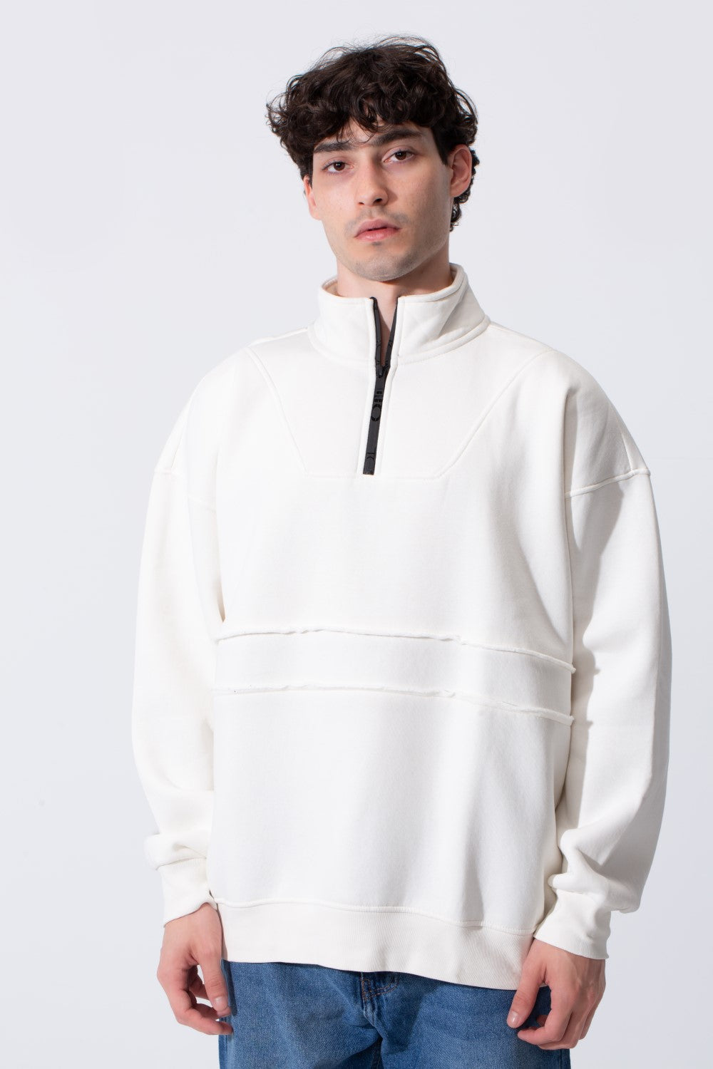 Men's Tomato Store Quarter-Zip Distressed Sweatshirt Panel Details Melton Oversized