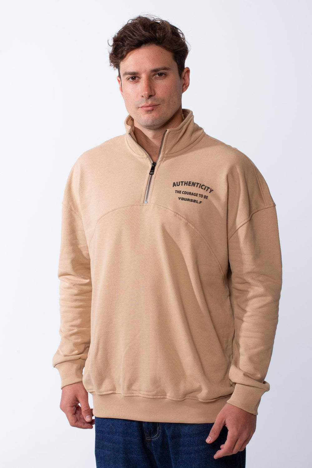 Men's High Neckline Long Sleeves Quarter Zip With Text Logo Print Regular Fit Sweatshirt