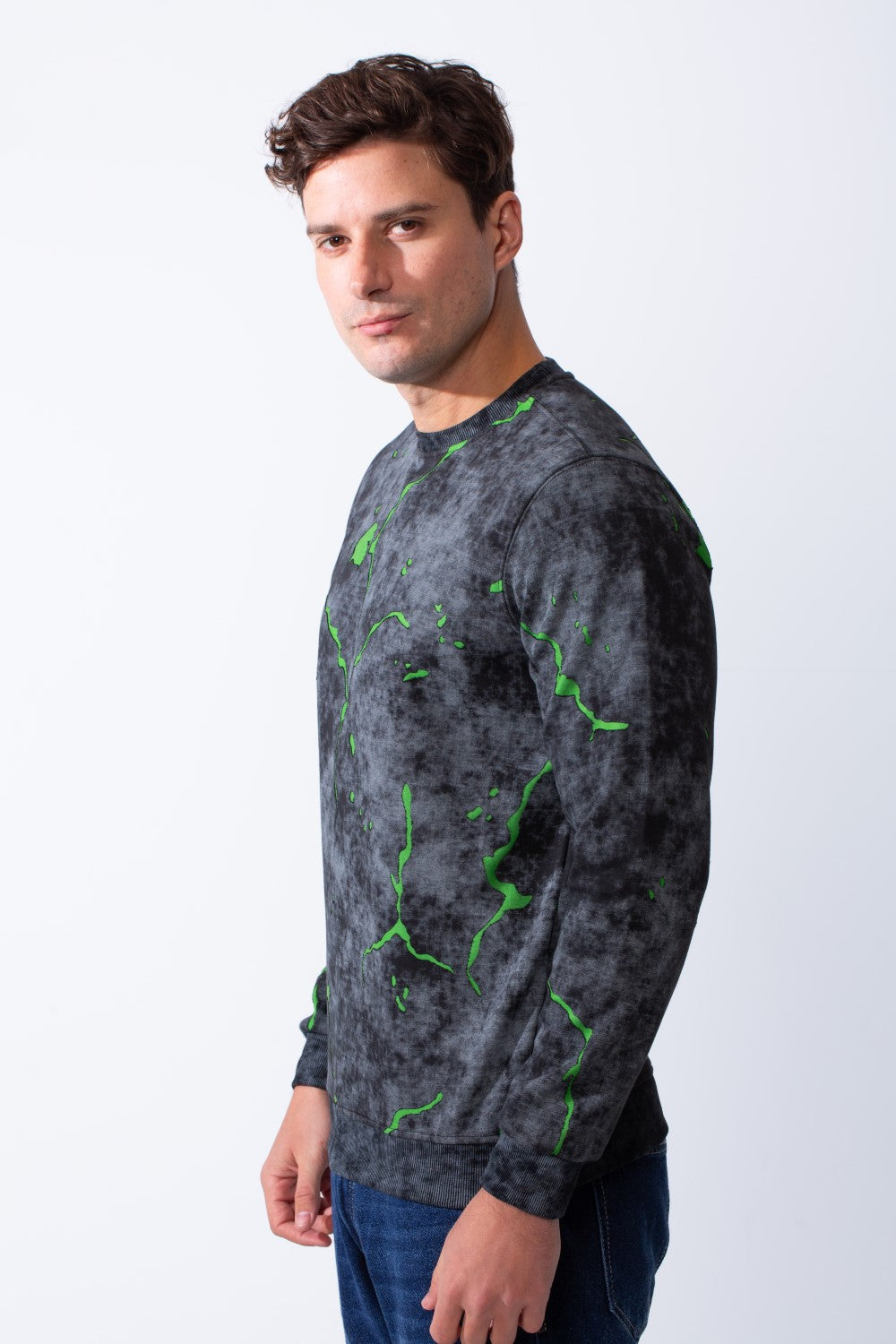 سويت شيرت رجالي بياقة دائرية مع نمط رخام ملون وأكمام طويلة كاجوال Slim Fit