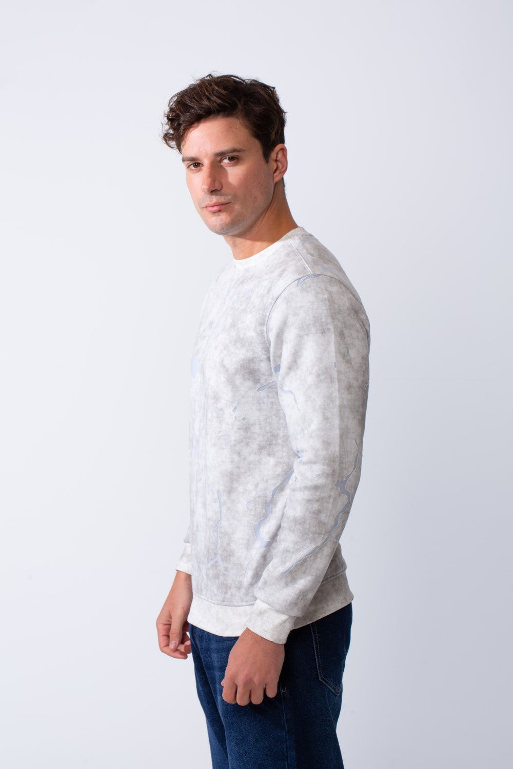 سويت شيرت رجالي بياقة دائرية مع نمط رخام ملون وأكمام طويلة كاجوال Slim Fit