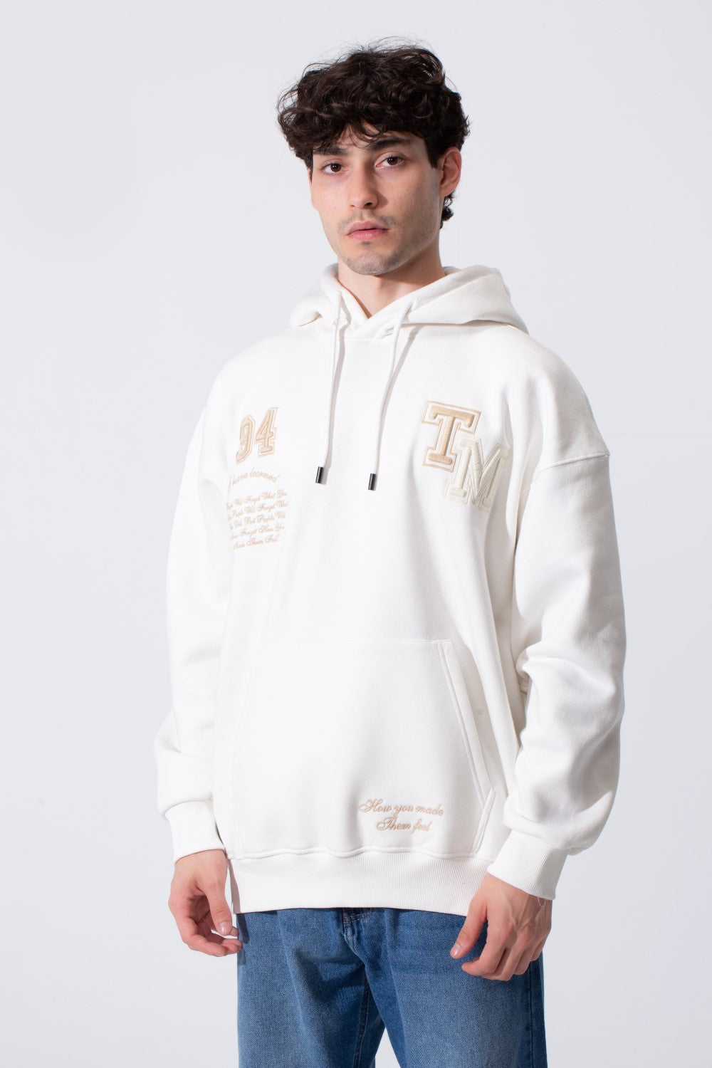 Men's Tomato Store Bold Raised Script Embroidery Double-Layer Hood Melton Oversize Sweatshirt