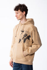 Men's Heavyweight Oversized Sweatshirt Chest Raw-Edged Map Applique Print Classic Kangaroo Pocket