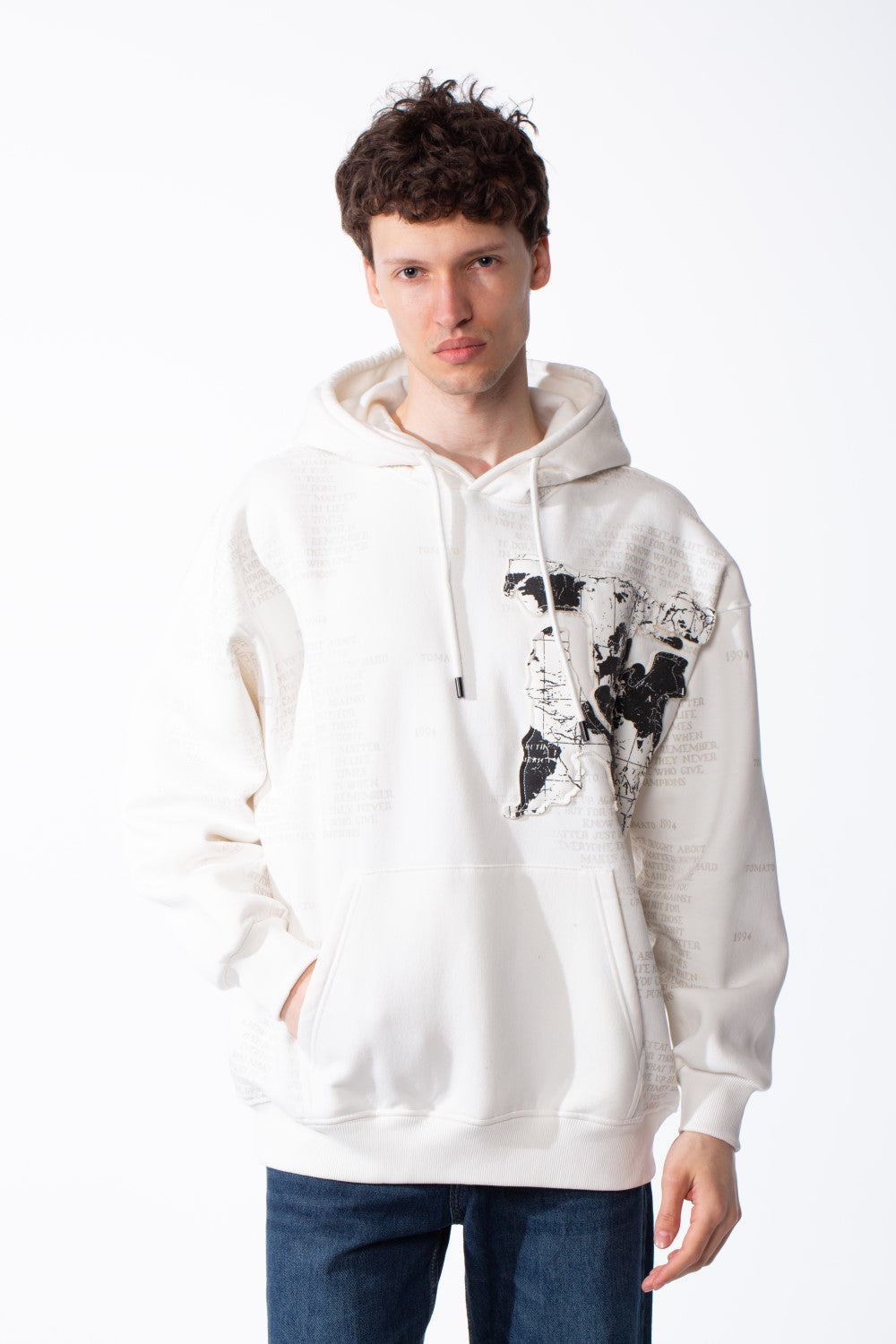 Men's Heavyweight Oversized Sweatshirt Chest Raw-Edged Map Applique Print Classic Kangaroo Pocket