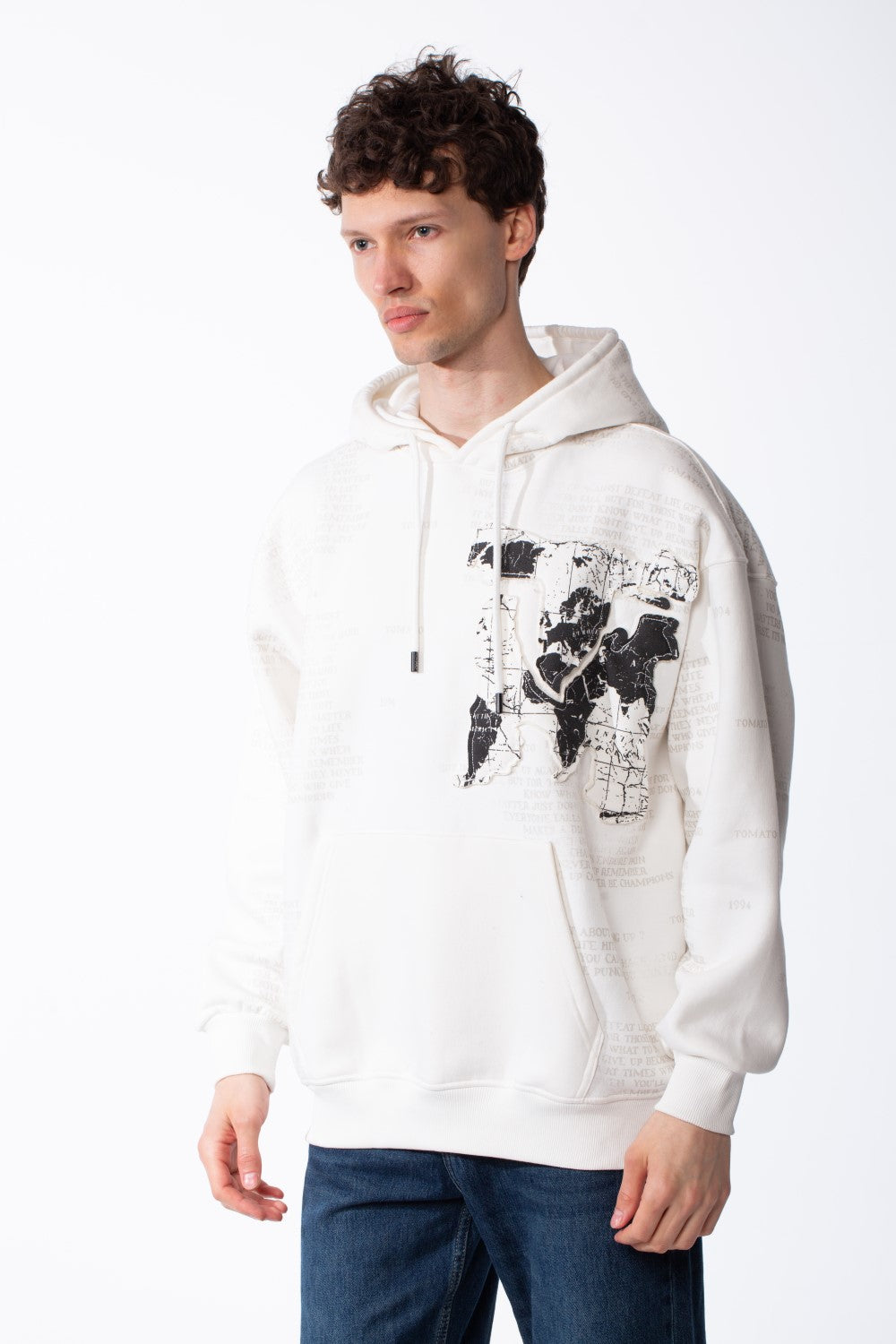 Men's Heavyweight Oversized Sweatshirt Chest Raw-Edged Map Applique Print Classic Kangaroo Pocket