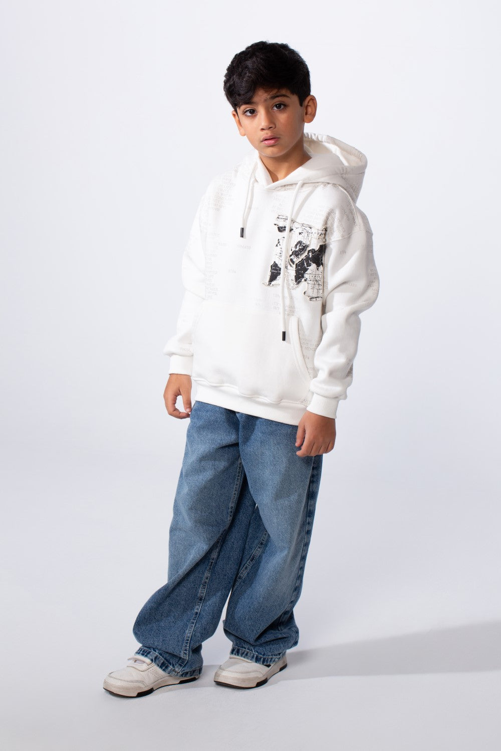 Boy’s All-Over Text Print Oversize Melton Hooded Sweatshirt