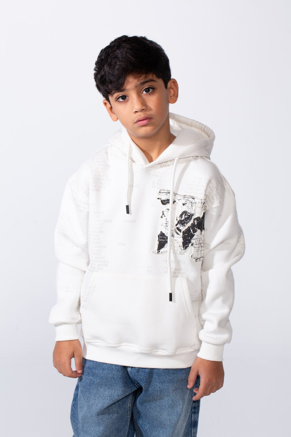 Boy’s All-Over Text Print Oversize Melton Hooded Sweatshirt