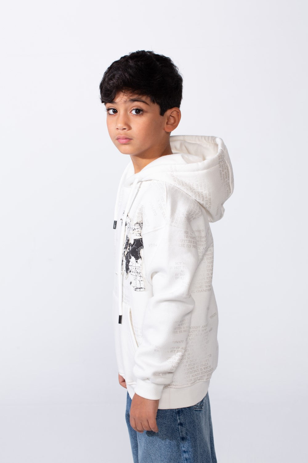 Boy’s All-Over Text Print Oversize Melton Hooded Sweatshirt