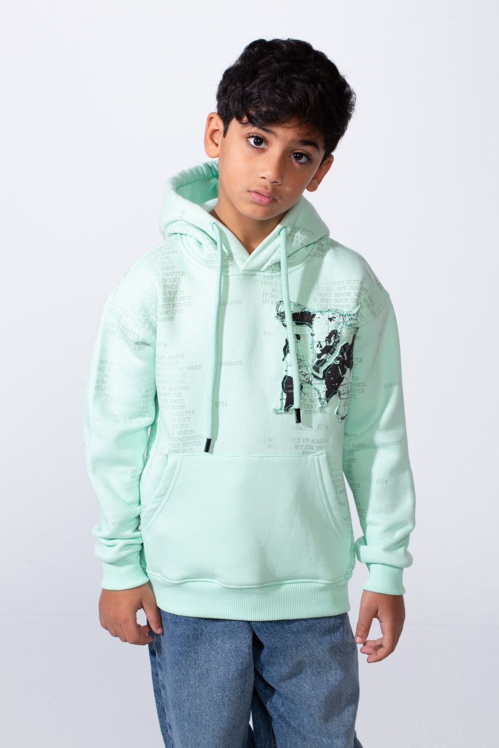 Boy’s All-Over Text Print Oversize Melton Hooded Sweatshirt