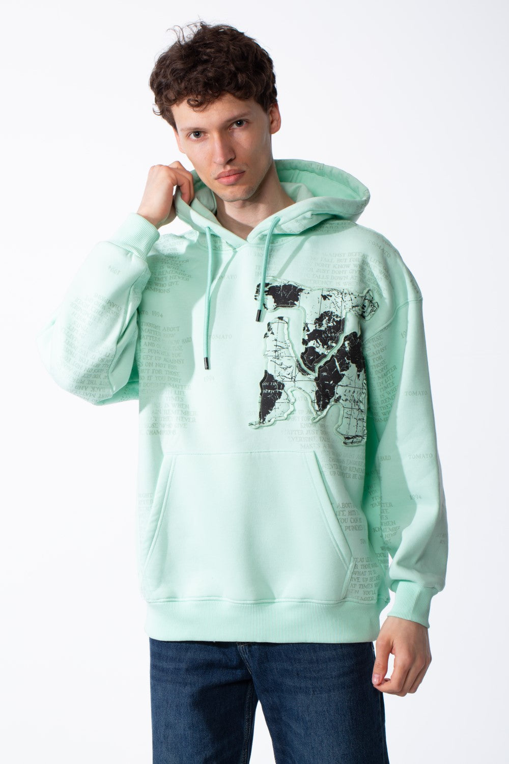 Men's Heavyweight Oversized Sweatshirt Chest Raw-Edged Map Applique Print Classic Kangaroo Pocket