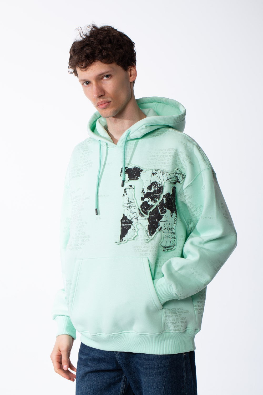 Men's Heavyweight Oversized Sweatshirt Chest Raw-Edged Map Applique Print Classic Kangaroo Pocket