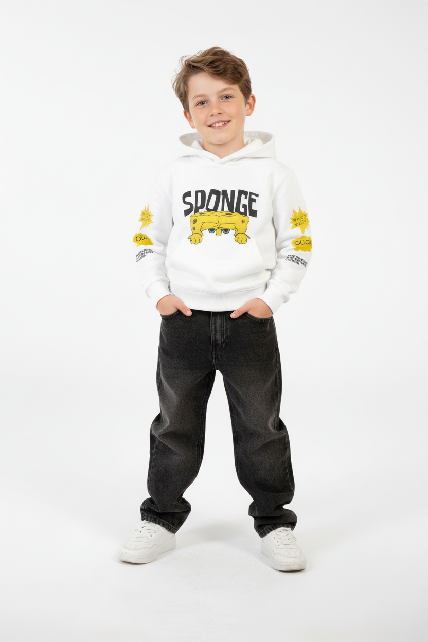 Boy's Tomato Store Bold Graphics Playful SpongeBob Design Kangaroo Pocket Oversize Sweatshirt