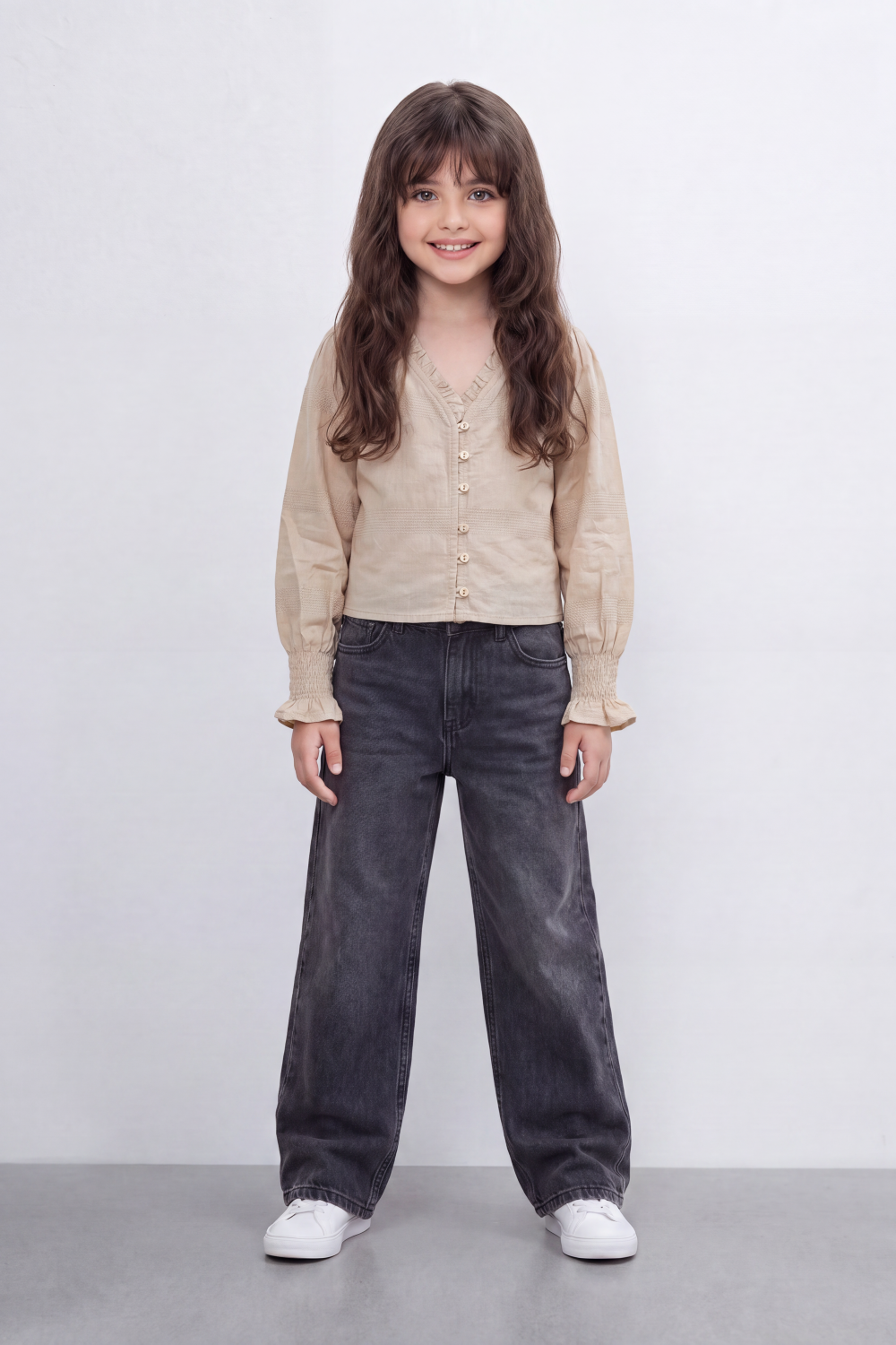 Girl's Tomato Store Prairie Smock Blouse Delicate Dobby Stripe Texture Smocked Front Panels Button Detail Ruffle Edge Slim Fit