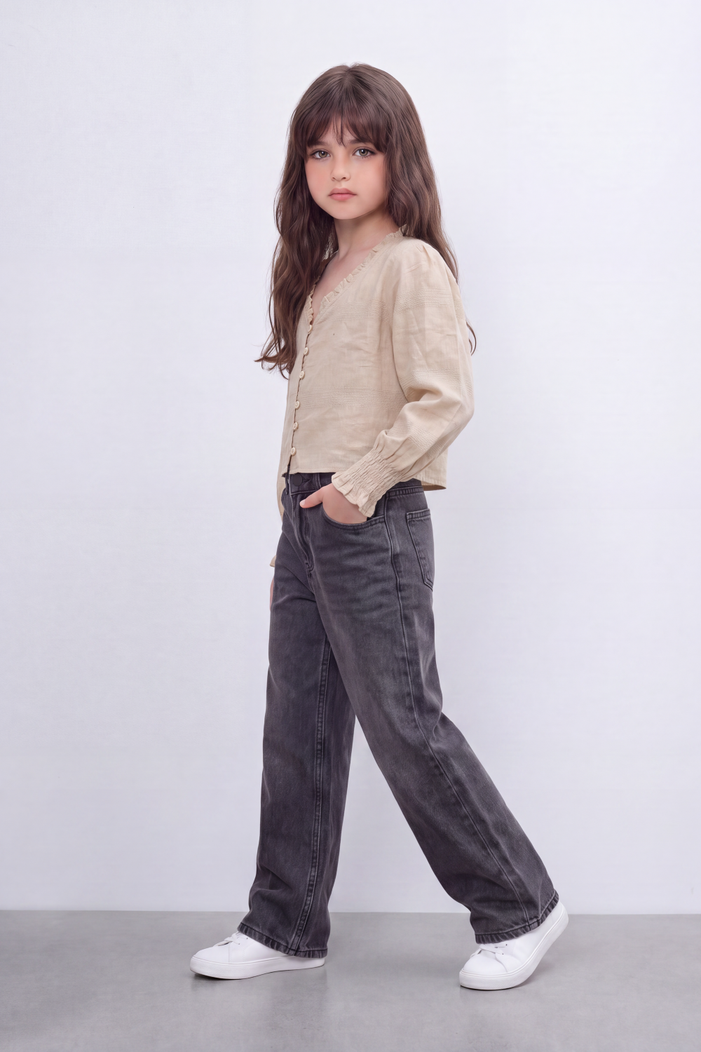 Girl's Tomato Store Prairie Smock Blouse Delicate Dobby Stripe Texture Smocked Front Panels Button Detail Ruffle Edge Slim Fit