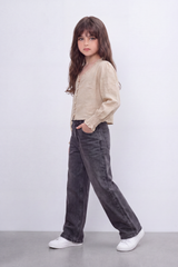 Girl's Tomato Store Prairie Smock Blouse Delicate Dobby Stripe Texture Smocked Front Panels Button Detail Ruffle Edge Slim Fit