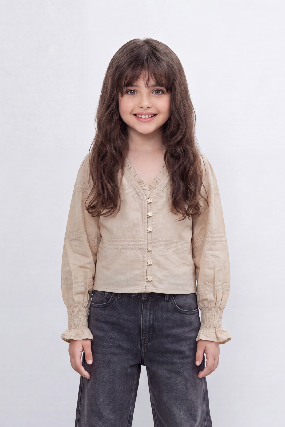 Girl's Tomato Store Prairie Smock Blouse Delicate Dobby Stripe Texture Smocked Front Panels Button Detail Ruffle Edge Slim Fit