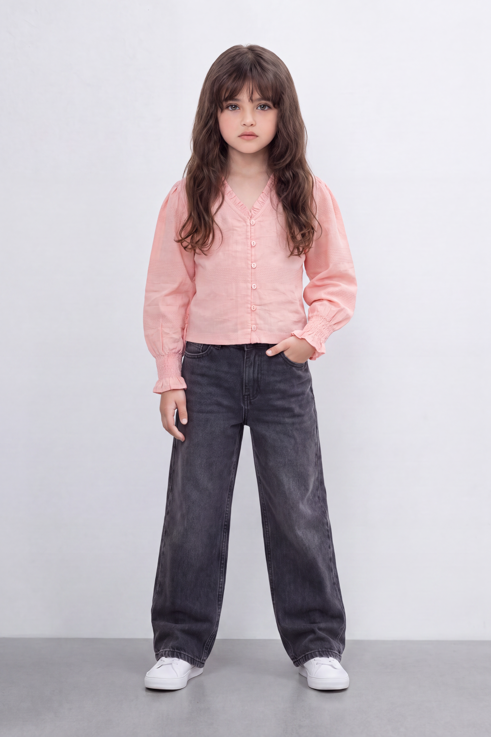 Girl's Tomato Store Prairie Smock Blouse Delicate Dobby Stripe Texture Smocked Front Panels Button Detail Ruffle Edge Slim Fit