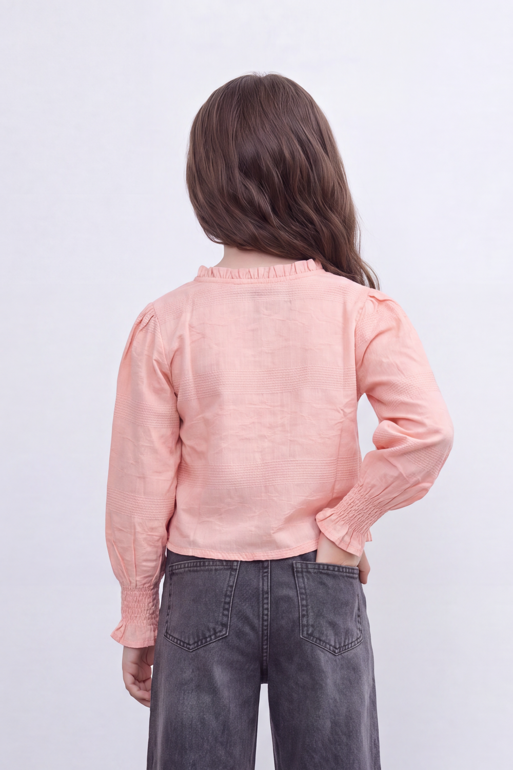 Girl's Tomato Store Prairie Smock Blouse Delicate Dobby Stripe Texture Smocked Front Panels Button Detail Ruffle Edge Slim Fit