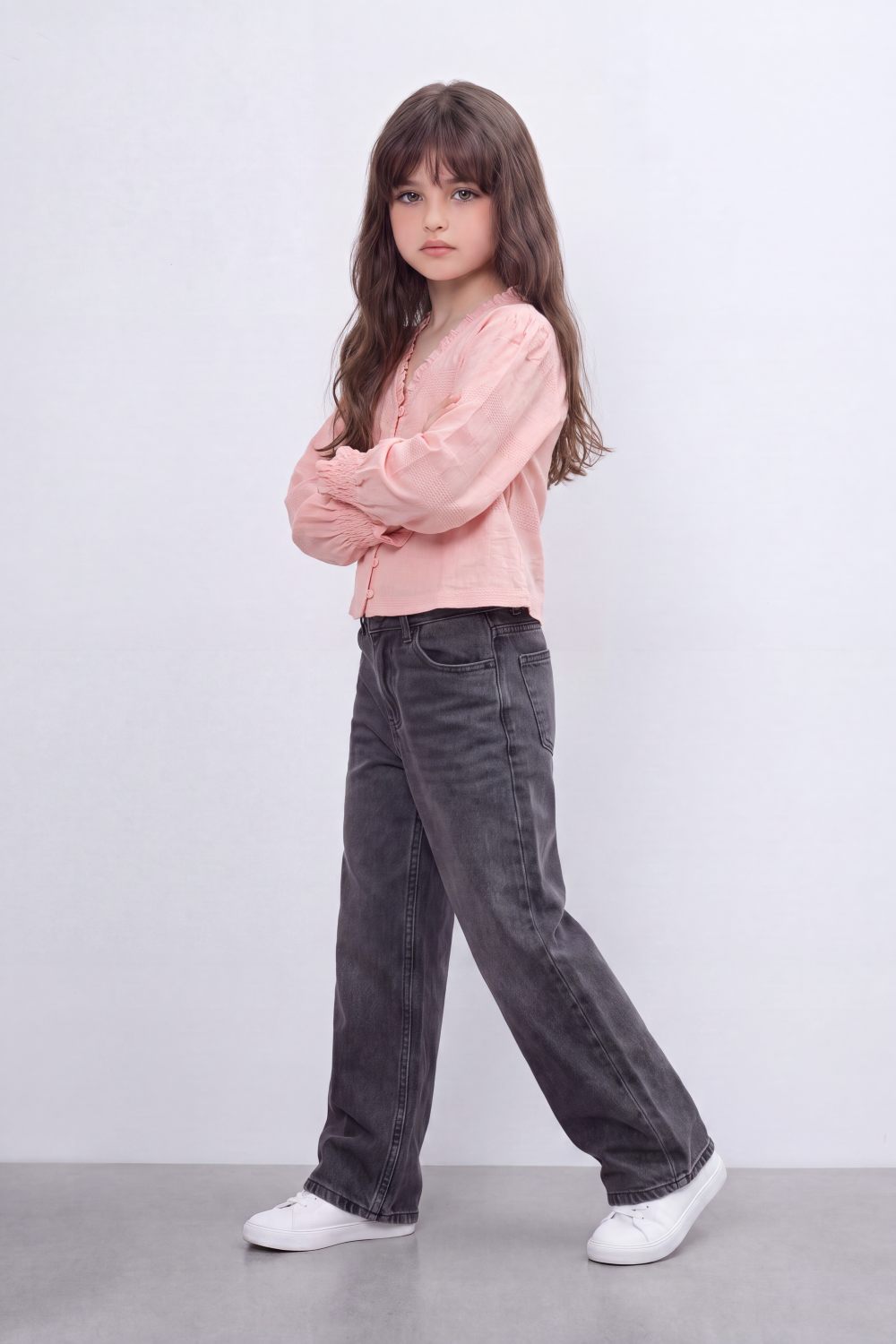 Girl's Tomato Store Prairie Smock Blouse Delicate Dobby Stripe Texture Smocked Front Panels Button Detail Ruffle Edge Slim Fit