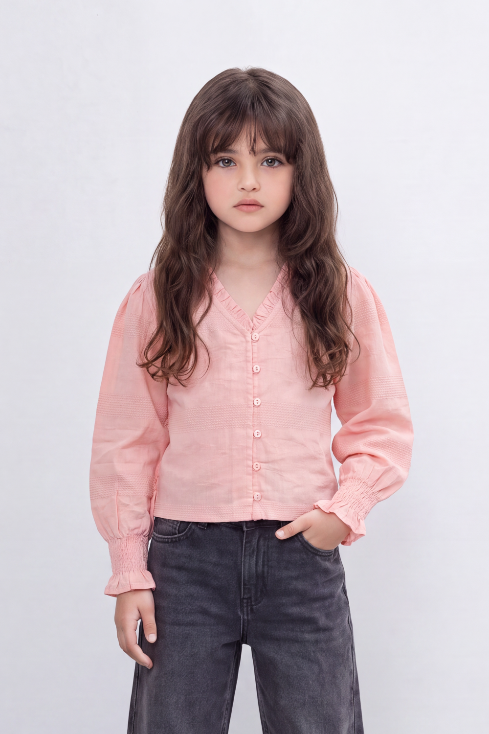 Girl's Tomato Store Prairie Smock Blouse Delicate Dobby Stripe Texture Smocked Front Panels Button Detail Ruffle Edge Slim Fit