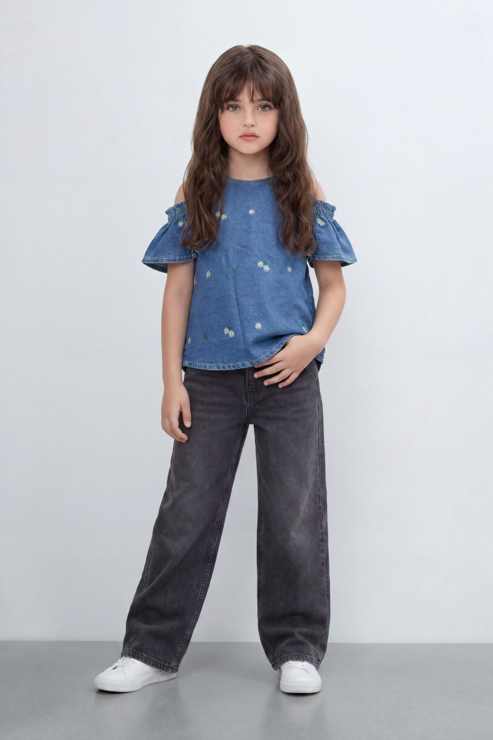 Girl's Tomato Store Summer Denim Cold-Shoulder Slim Fit Blouse Daisy Embroidery Smocked Shoulder Detail Flared Sleeves