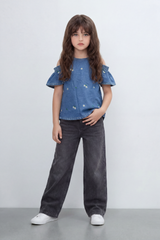 Girl's Tomato Store Summer Denim Cold-Shoulder Slim Fit Blouse Daisy Embroidery Smocked Shoulder Detail Flared Sleeves