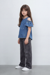 Girl's Tomato Store Summer Denim Cold-Shoulder Slim Fit Blouse Daisy Embroidery Smocked Shoulder Detail Flared Sleeves
