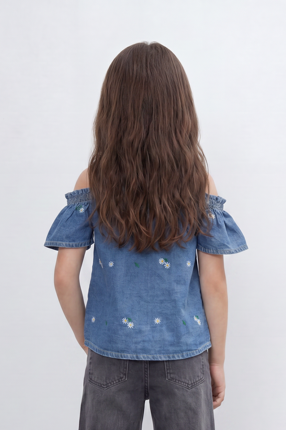 Girl's Tomato Store Summer Denim Cold-Shoulder Slim Fit Blouse Daisy Embroidery Smocked Shoulder Detail Flared Sleeves