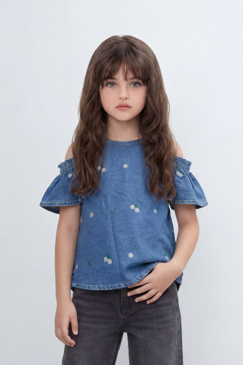 Girl's Tomato Store Summer Denim Cold-Shoulder Slim Fit Blouse Daisy Embroidery Smocked Shoulder Detail Flared Sleeves
