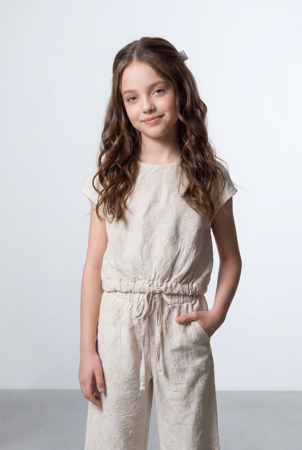 Girl's Tomato Store Linen Textured Outfit Set Sleeveless Top Elastic Waist Detail Embossed Fabric Pattern