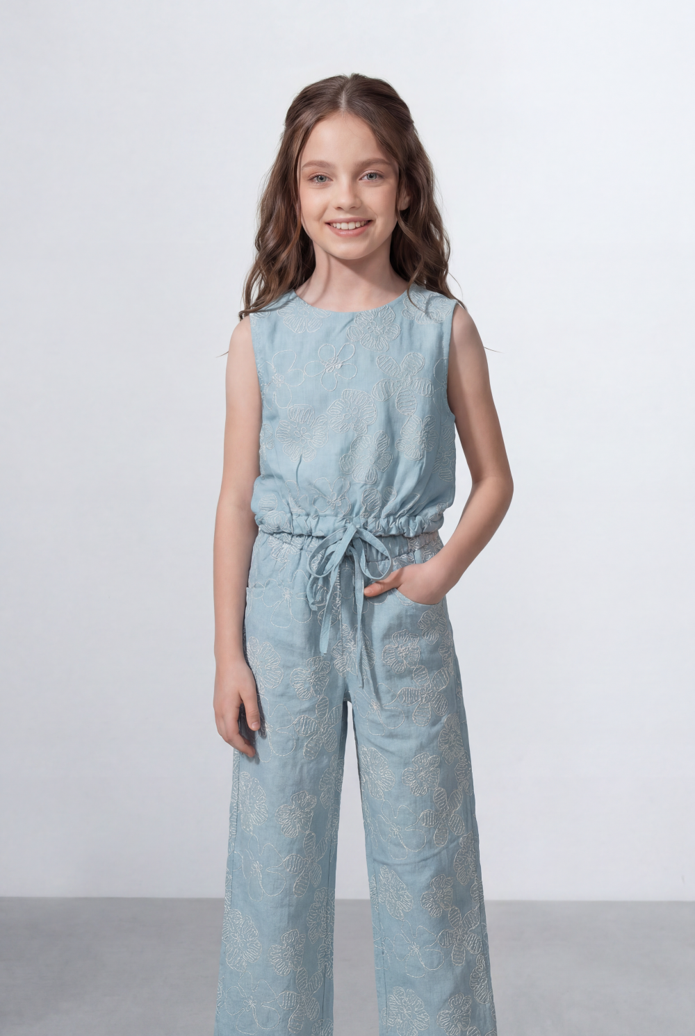 Girl's Tomato Store Linen Textured Outfit Set Sleeveless Top Elastic Waist Detail Embossed Fabric Pattern