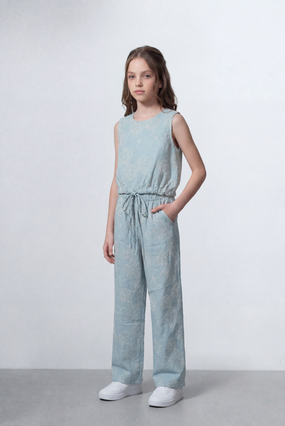 Girl's Tomato Store Linen Textured Outfit Set Sleeveless Top Elastic Waist Detail Embossed Fabric Pattern