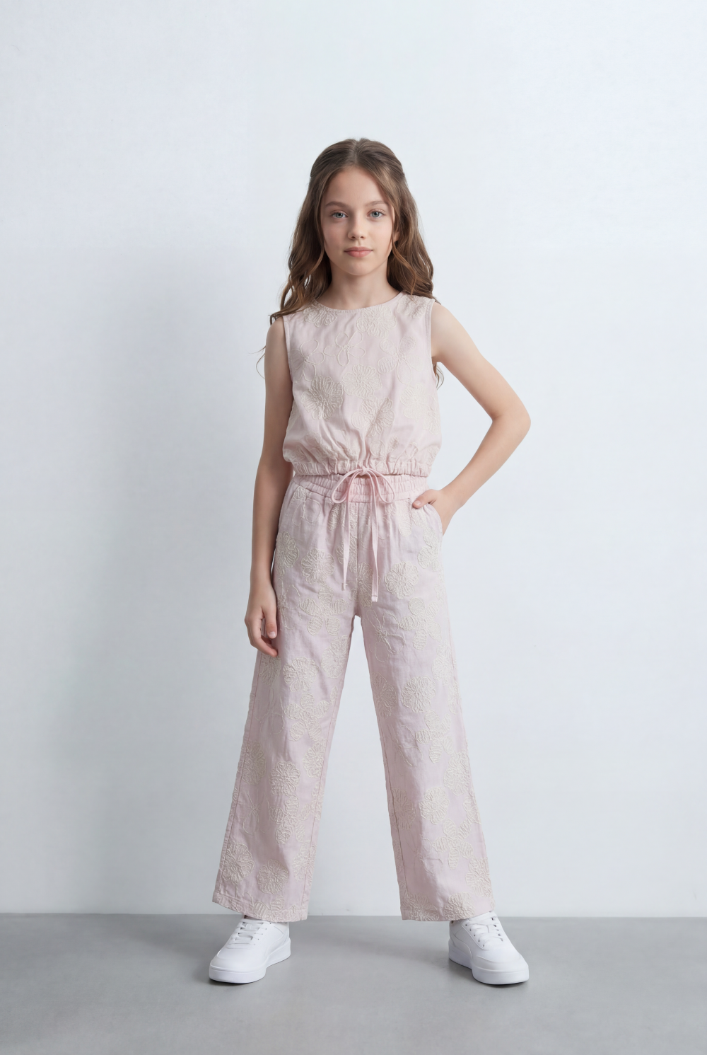 Girl's Tomato Store Linen Textured Outfit Set Sleeveless Top Elastic Waist Detail Embossed Fabric Pattern