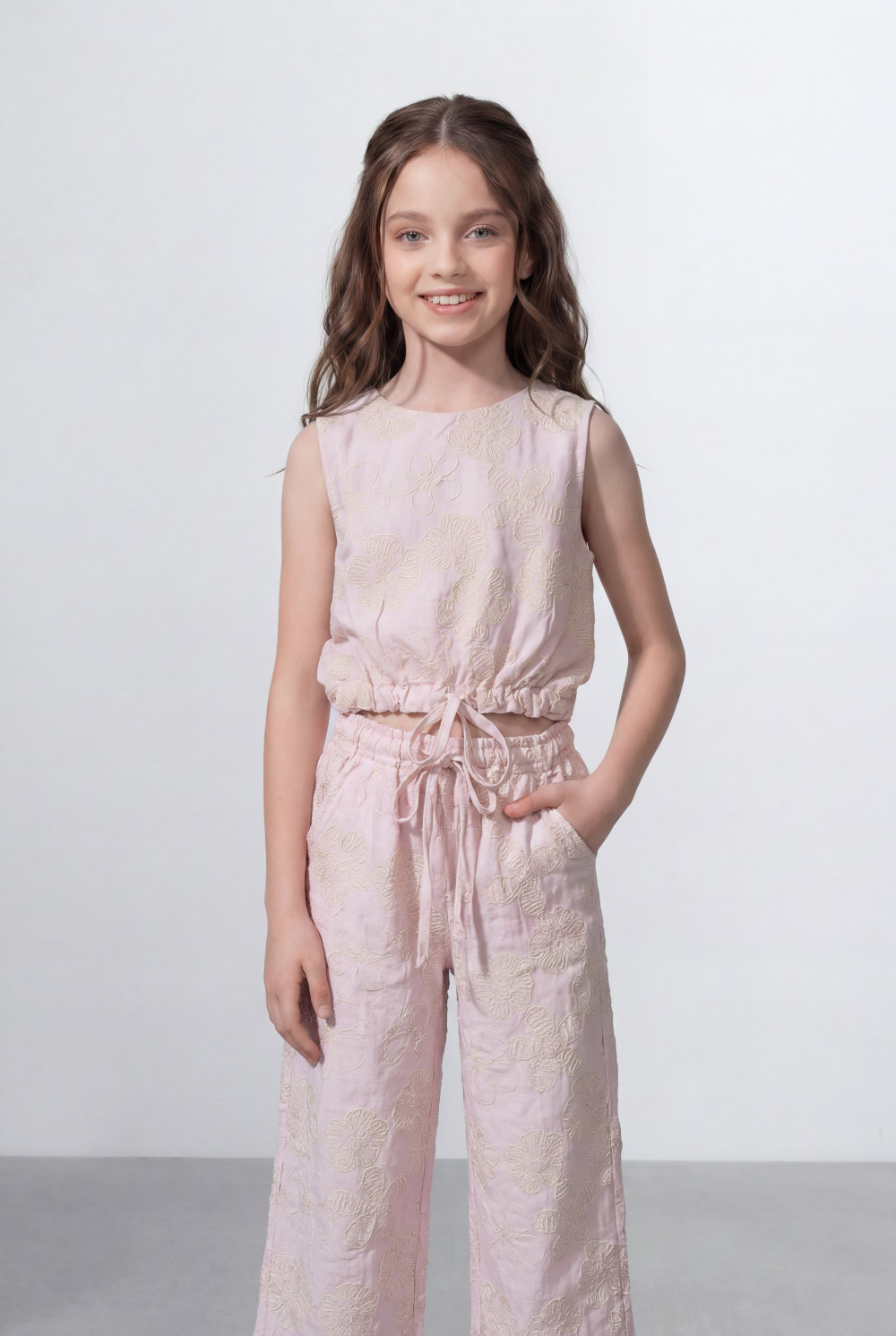 Girl's Tomato Store Linen Textured Outfit Set Sleeveless Top Elastic Waist Detail Embossed Fabric Pattern